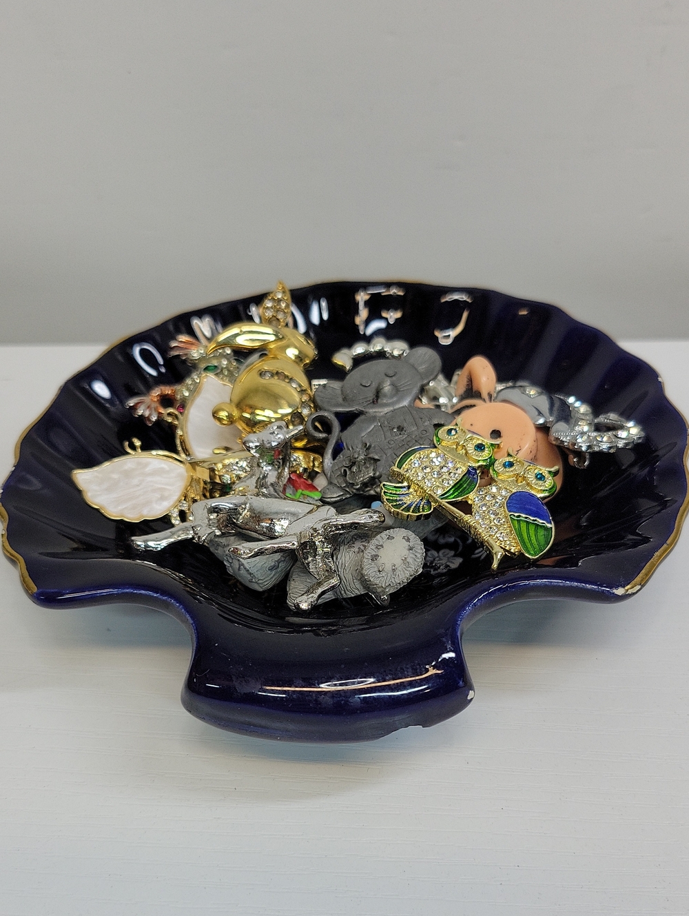Japan Shell Dish Filled With Annimal Brooches